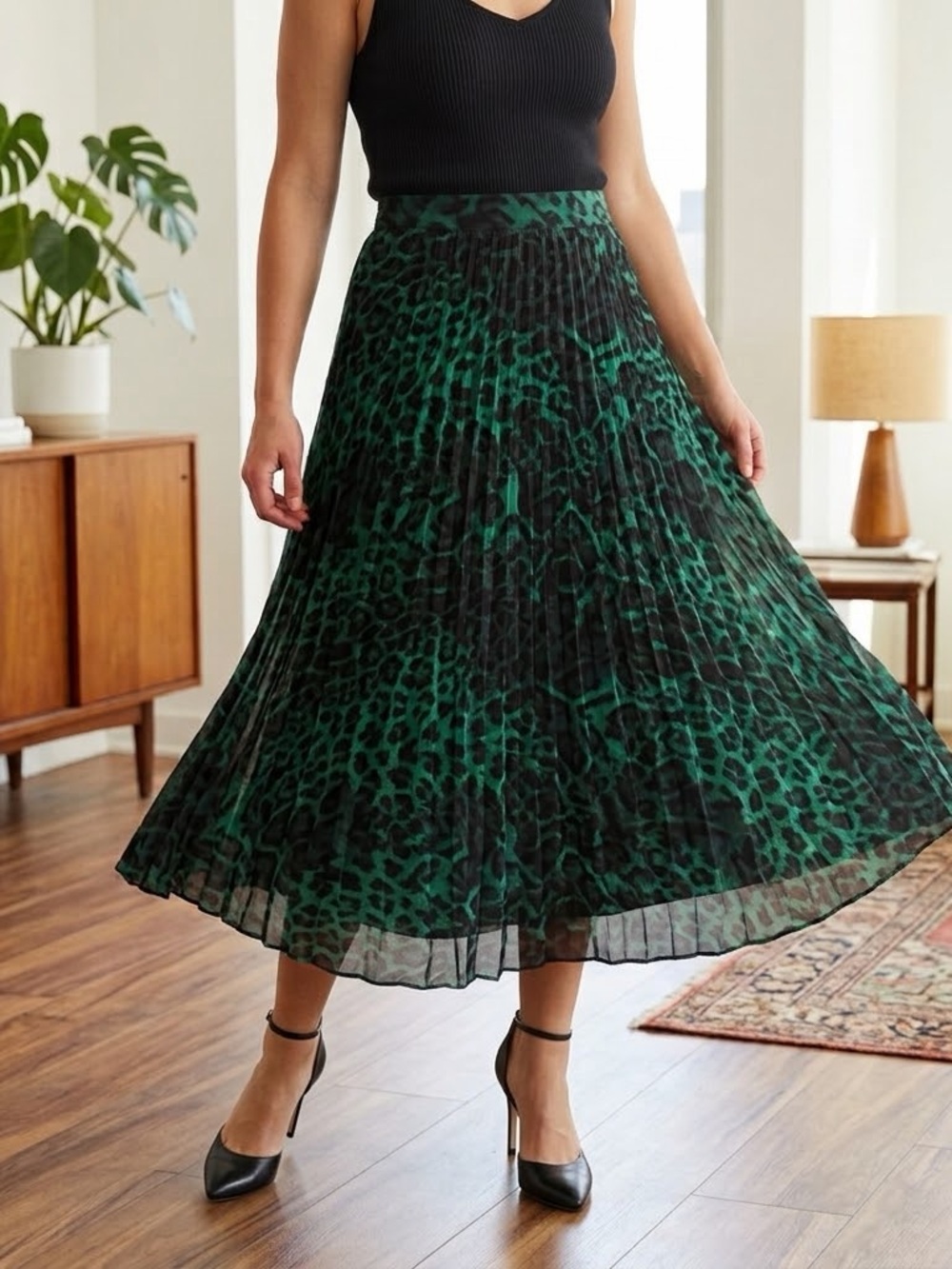 Mango Green and Black Animal Print Pleated Midi Skirt